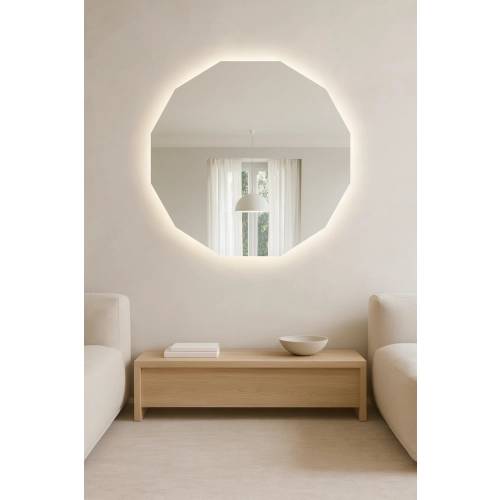 Lustro GOLDEN LUX – eleganckie lustro LED do łazienki w nowoczesnym stylu z podświetleniem i złotą poświatą | Geometryczny kształt, montaż na ścianę